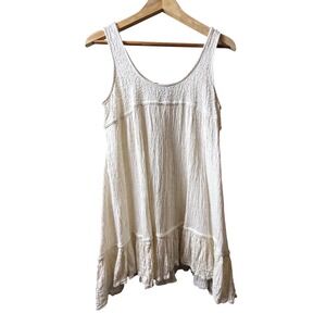 Young Threads Womens Cream Crinkle Gauze Boho Tunic Dress Embroidery Ruffle L